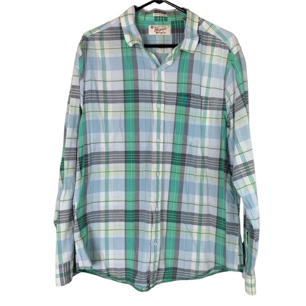 Original Penguin Heritage Slim Fit Button Down Shirt Green Blue Plaid Size XL